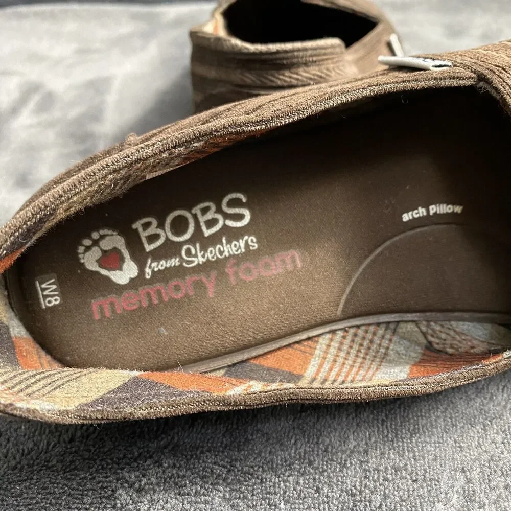 Skechers BOBS Womens Size 8 Brown Canvas Slip On Flats Memory Foam Comfort Shoes